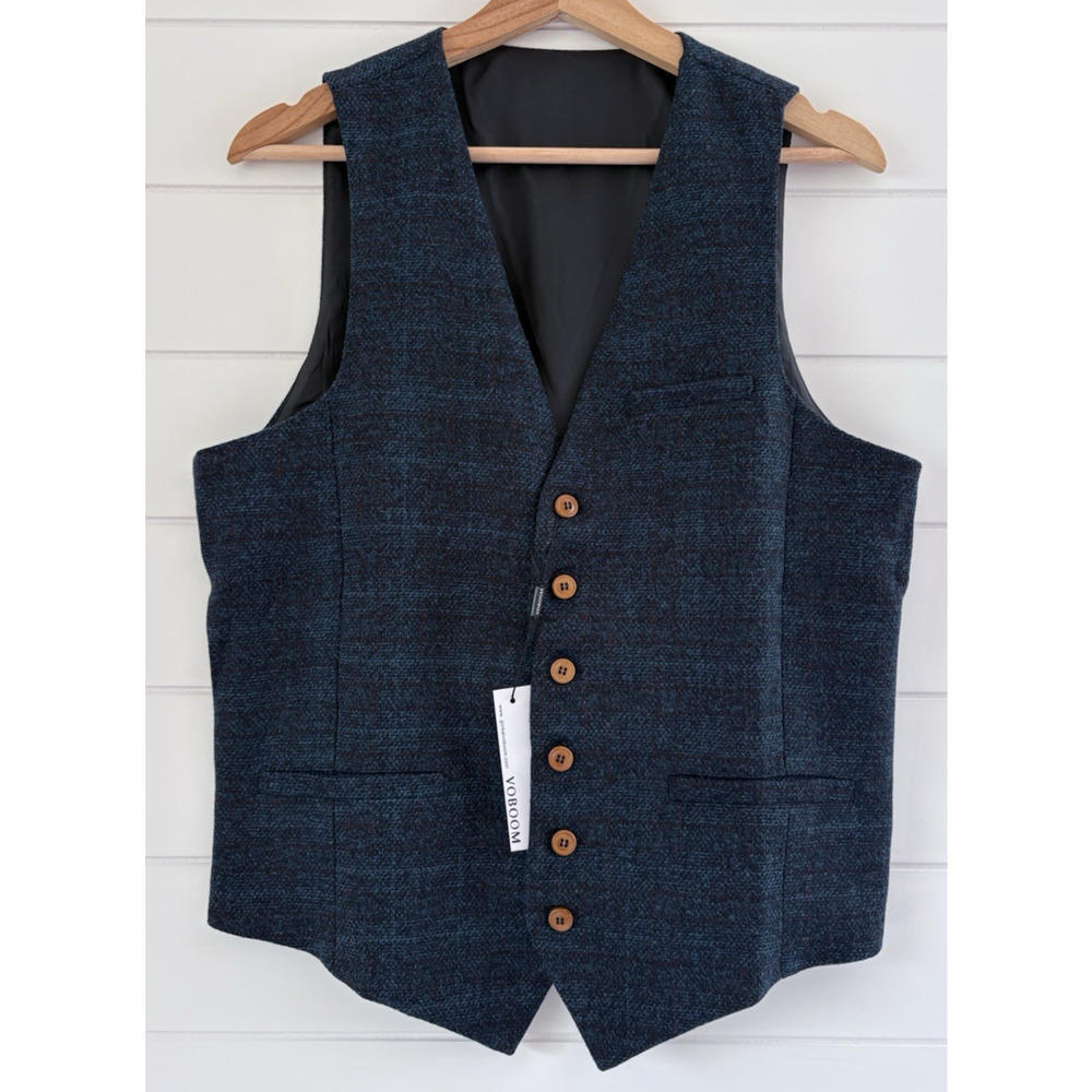 Blue Plaid Tweed Suit Vest Mens Small Waistcoat Formal V-neck Retro Dapper